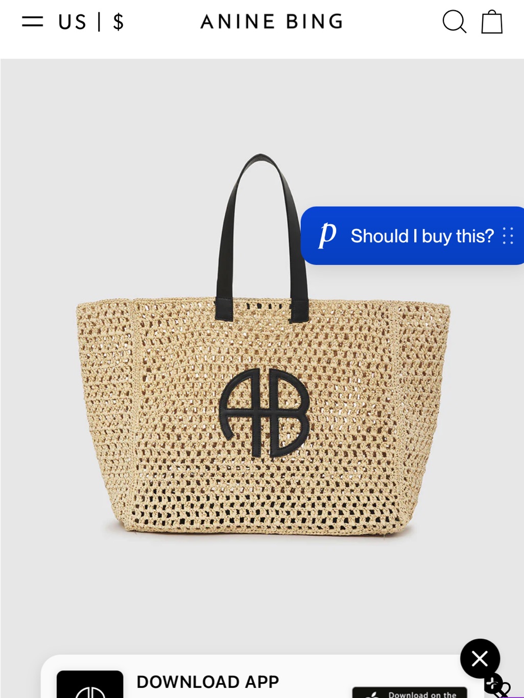 Anine Bing Woven Straw Tote With Black Handles And Monogram Detail